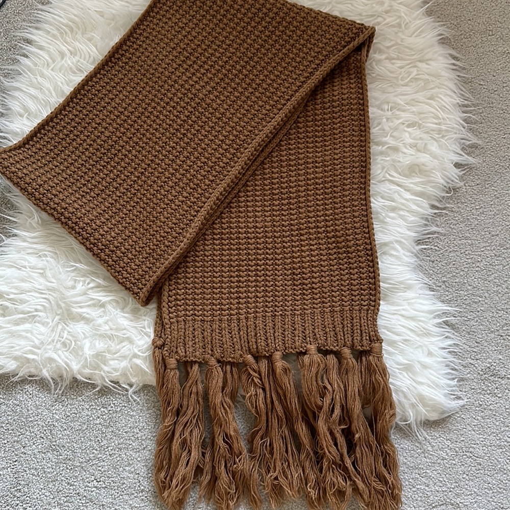 Danier Tan Cable Knit Long Fall/Winter Scarf + Bonus Mustard Yellow Hat